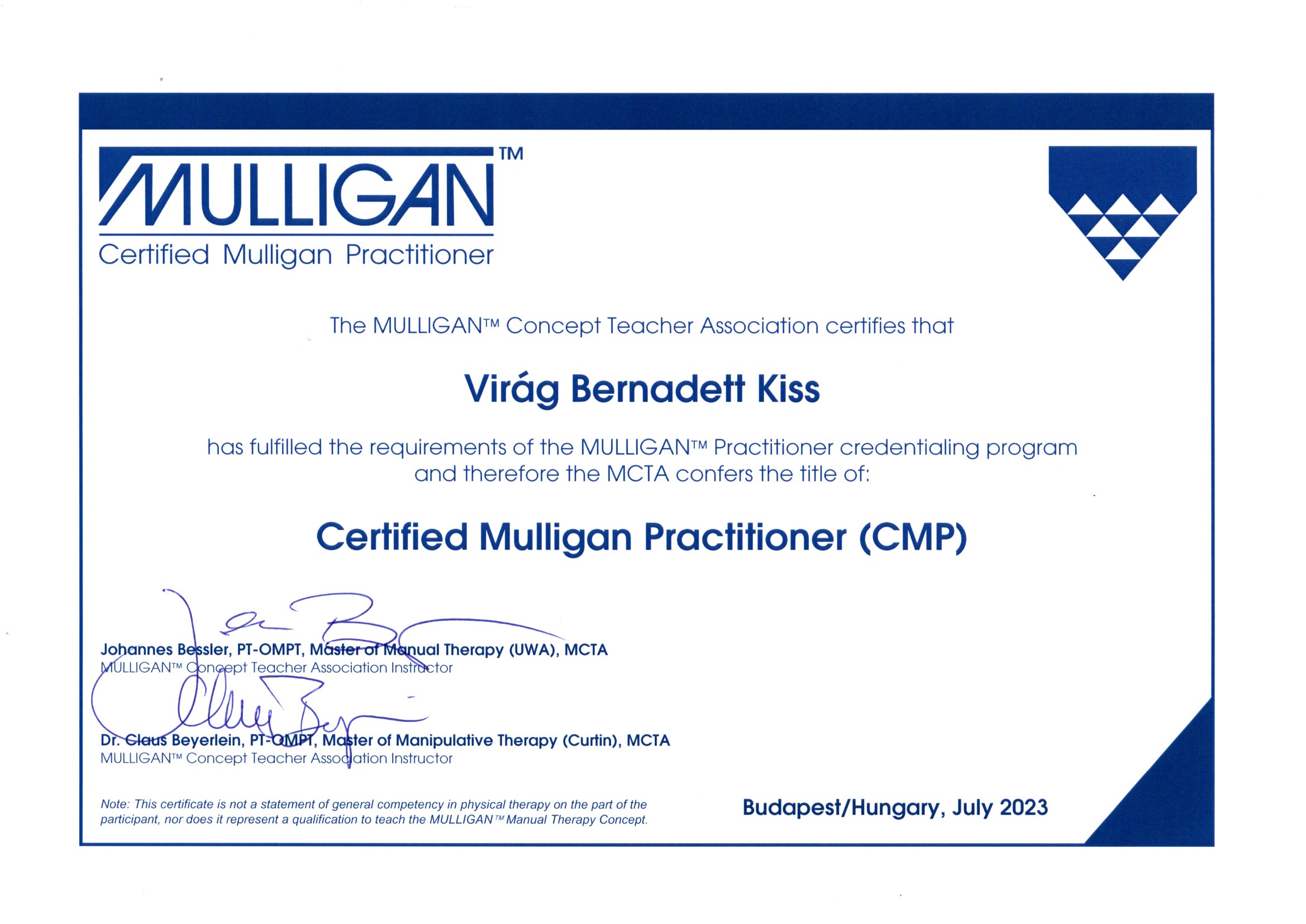 Certified Mulligan Practitioner Oklevél